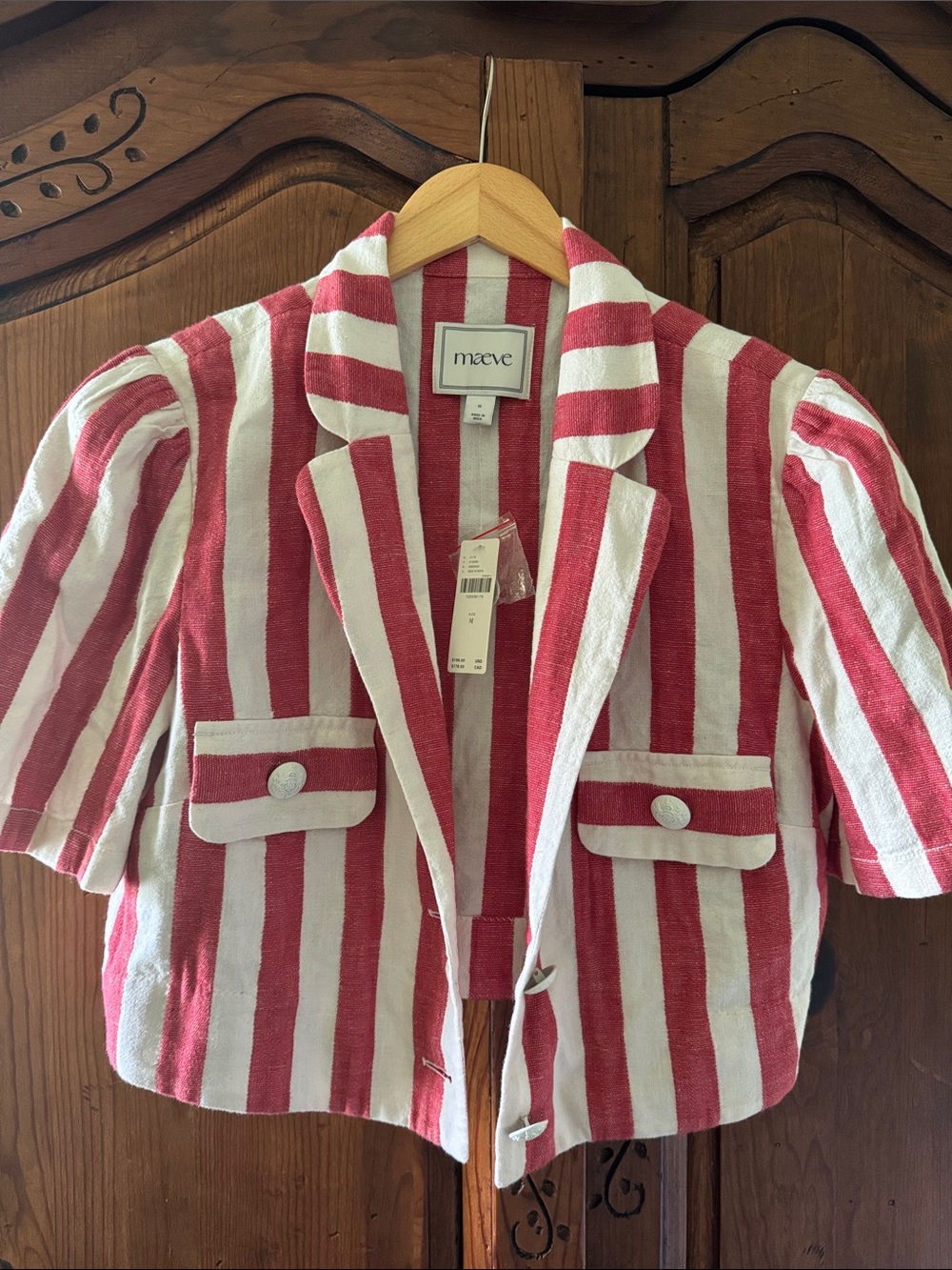 NWT MAEVE SHORT SLEEVE RED STRIPE CROPPED NAUTICAL BUTTON JACKET. SIZE M.